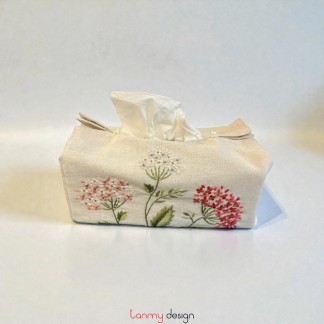 Beige tissue box cover embroidered with hydrangeas
